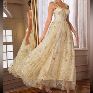 Celestial Moon & Star Dress - Size Small Gold Sweetheart Maxi Gown